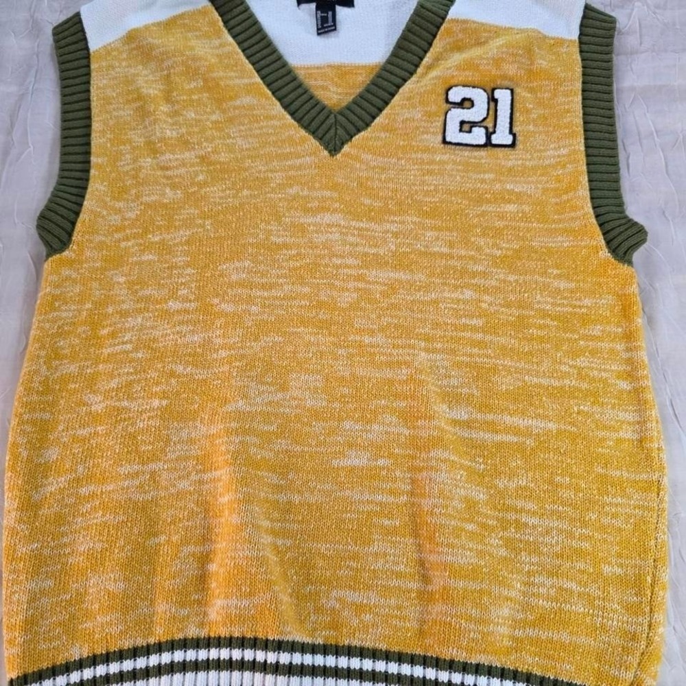 Forever 21 Yellow Marled Knit Sweater Vest Collegiate 21 Patch XS Academia Y2K